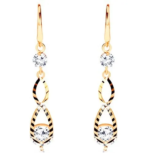 Náušnice ve žlutém 14K zlatě - visící osmička s jemnými zářezy, čiré zirkony