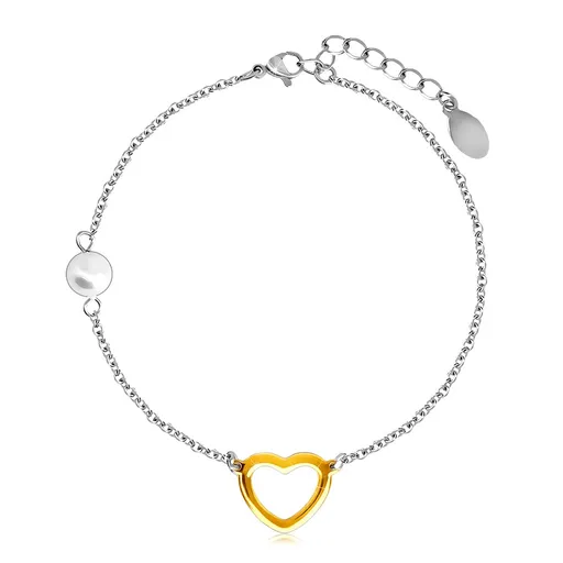 Ocelový náramek s perleťovou kuličkou, obrys srdce ve zlaté barvě