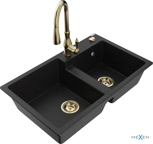 MEXEN/S Tomas granitový dřez 2-bowl včetně baterie Savita, černá 6516-77-672601-50