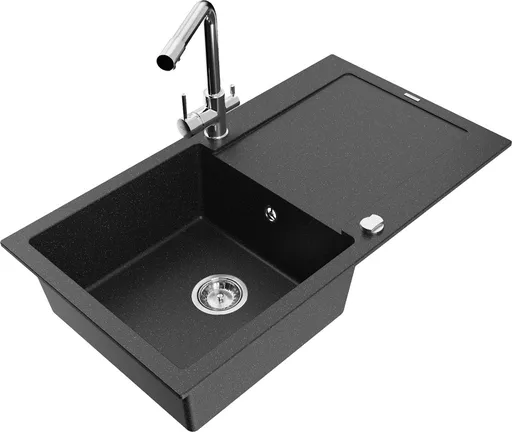 MEXEN/S Leo granitový dřez s odkapávačem včetně baterie Duero, černá/stříbrná metalik 6501-73-671600-00