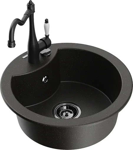 MEXEN/S Diego granitový dřez 1-miska včetně baterie Carla, černá/zlatá metalik 6512-75-670700-70-B