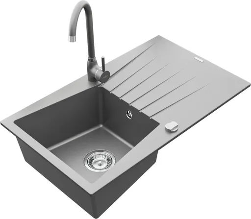 MEXEN/S Cesar granitový dřez 1 s odkapávačem včetně baterie Telma, šedá 6514-71-670200-71