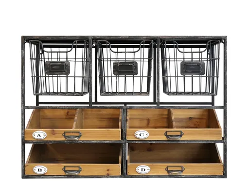 Černá antik kovovo - dřevěná nástěnná polička s košíčky Shain - 71*18*50cm Chic Antique