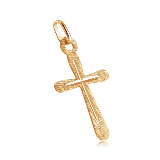 Přívěsek ve žlutém zlatě 585 - plochý kříž, blýskavý rýhovaný povrch