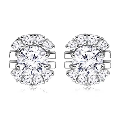 Rhodiované puzetové náušnice ze stříbra 925 - motiv květu s nepravidelnými okvětními lístky, kulatý zirkon