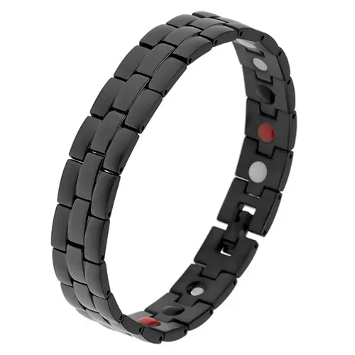 Ocelový náramek černé barvy, matné a lesklé proužky, barevné magnety