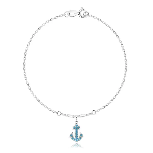 Stříbrný náramek 925 - tenký řetízek, mořská kotva, tyrkysové kamínky