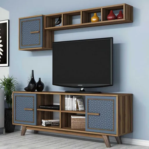 TV stěna / Sestava pod TV Ayla - Walnut, Blue