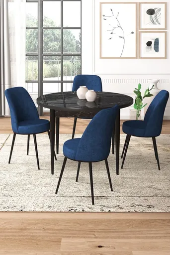 Dining Table & Chairs Set (5 Pieces) Tor - Black Marble, Navy Blue