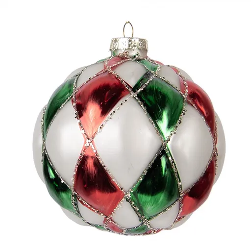 Červenozelená stříbrná károvaná skleněná ozdoba koule - Ø 10*10 cm Clayre & Eef
