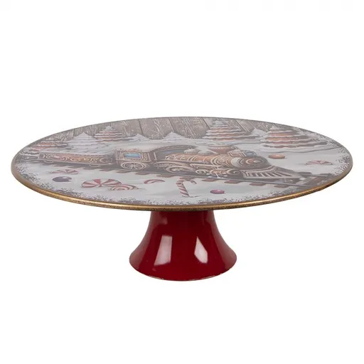 Červený podnos na dort s perníkovým vláčkem Gingerbread - Ø 29*10 cm Clayre & Eef