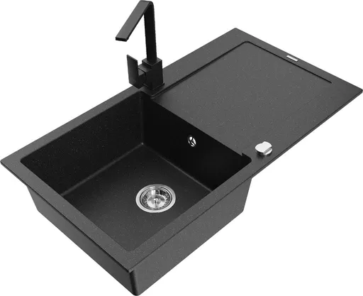 MEXEN/S Leo granitový dřez 1-miska s odkapávačem včetně baterie Rita, černý/stříbrný metalik 6501-73-670300-70