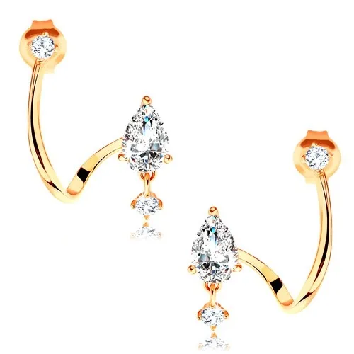 Náušnice ze žlutého 14K zlata - zahnutá linie, broušená čirá kapka, zirkonek