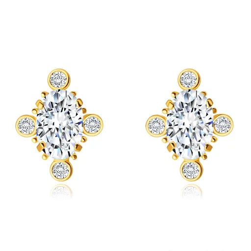 Náušnice ze 14K zlata - třpytivý oválný zirkon, drobné kulaté zirkony, puzetky