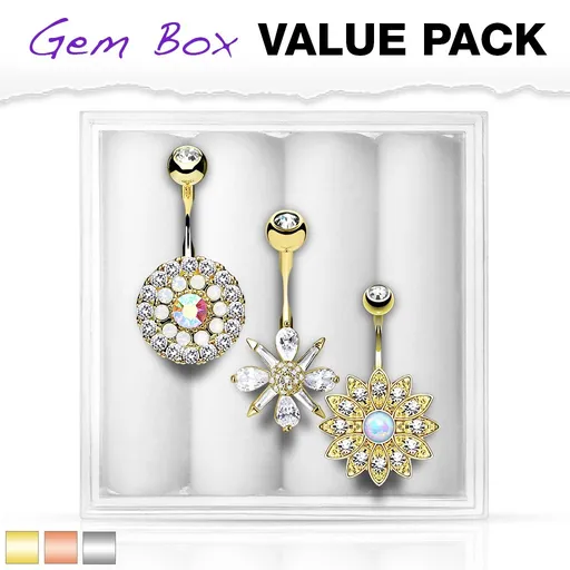 Set tří piercingů do bříška, ocel 316L, vsazené zirkony a syntetické opály - Barva piercing: Stříbrná