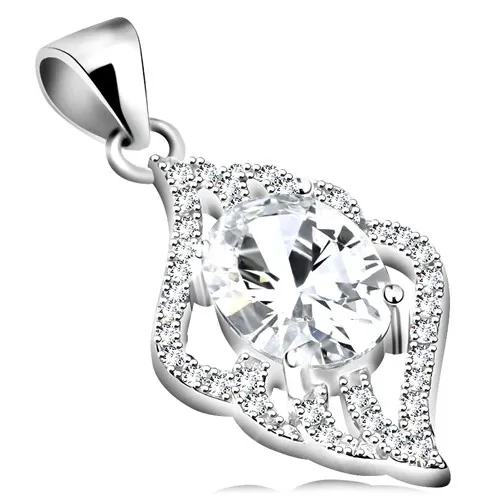 Stříbrný přívěsek 925, čirý zirkonový ovál, lístek, čiré zvlněné kontury