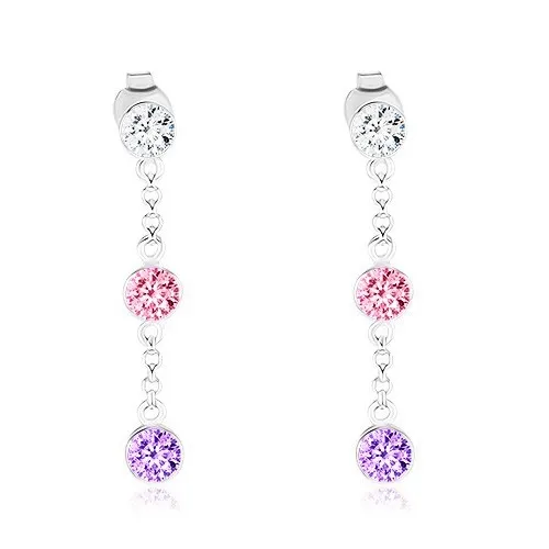 Náušnice ze stříbra 925, barevné zirkonky v objímkách, řetízek