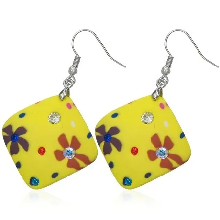 Náušnice Fimo - žluté čtverečky, kvítky a zirkony