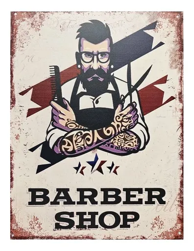 Béžová antik nástěnná kovová cedule Barber Shop - 25*33 cm Ostatní
