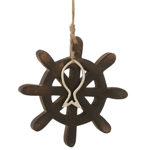 Dřevěná dekorace hnědé kormidlo s rybkou Helm Fish - Ø 21*3 cm J-Line by Jolipa