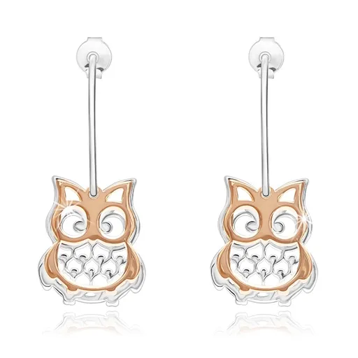 Stříbrné náušnice 925, neúplný kruh, dvoubarevné vyřezávané sovičky