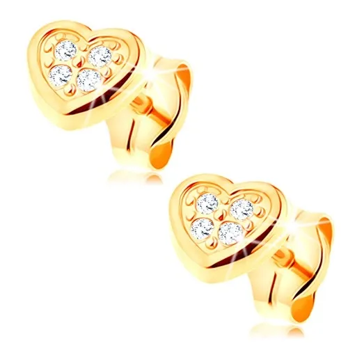 Náušnice ve žlutém 14K zlatě - pravidelné srdíčko zdobené čirými zirkonky