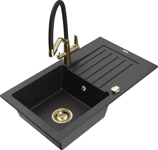 MEXEN/S Pablo granitový dřez s odkapávačem včetně baterie Duo, černá/stříbrná metalik 6510-73-671701-57-G