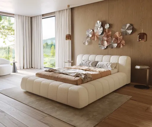 Čalouněná postel Cutio 140x200 cm bouclé krémovo-bílá