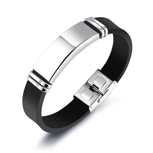 Náramek s černým pryžovým řemínkem a s lesklou destičkou stříbrné barvy