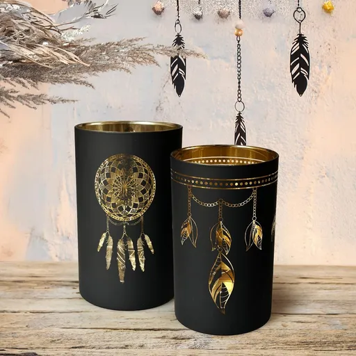 Gilde LED Skleněný svícen Lapač snů, černý, malý