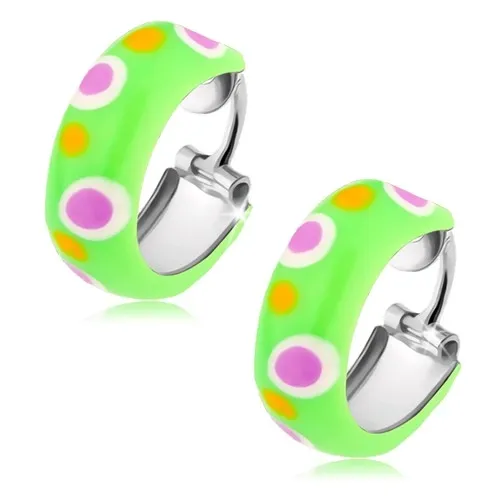 Stříbrné náušnice 925, malé kroužky, světle zelená glazura, barevné tečky