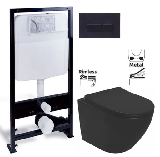 PRIM předstěnový instalační systém s černým tlačítkem  20/0044 + WC REA CARLO MINI RIMLESS ČERNÝ MAT + SEDÁTKO PRIM_20/0026 44 MM1