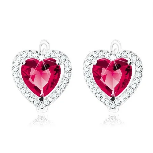 Náušnice ze stříbra 925, tmavě růžové srdce v čiré zirkonové kontuře