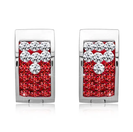 Ocelové náušnice - stříbrná barva, červený pás vykládaný čirými a červenými zirkony