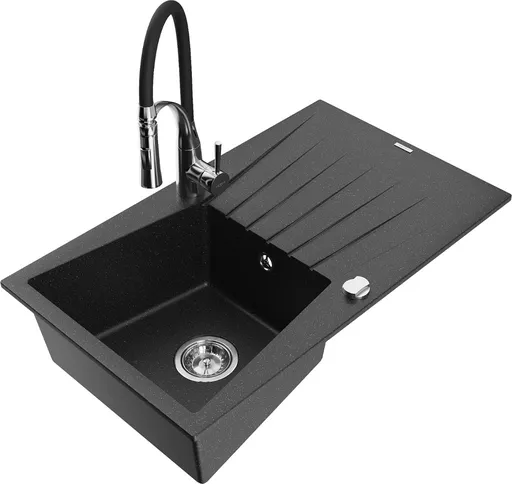 MEXEN/S Cesar granitový dřez s odkapávačem včetně baterie Aster, černá/stříbrná metalik 6514-73-73450-07