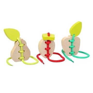 Cubika 14811 Provlékačka ovoce - sada 3 dřevěných šněrovacích hraček - 6 dřevěných prvků, 3 tkaničky (4823056514811)