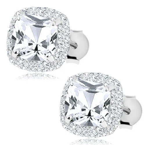 Rhodiované náušnice ze stříbra 925 - čirý zirkonový čtverec, čirý lem, puzetky