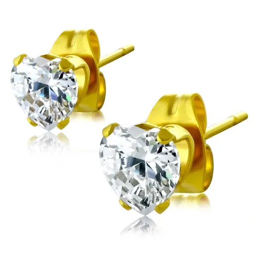 Ocelové náušnice zlaté barvy - čiré vybroušené zirkonové srdce