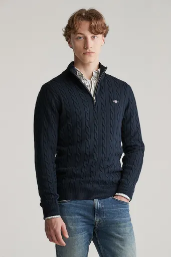 SVETR GANT COTTON CABLE HALF ZIP EVENING BLUE