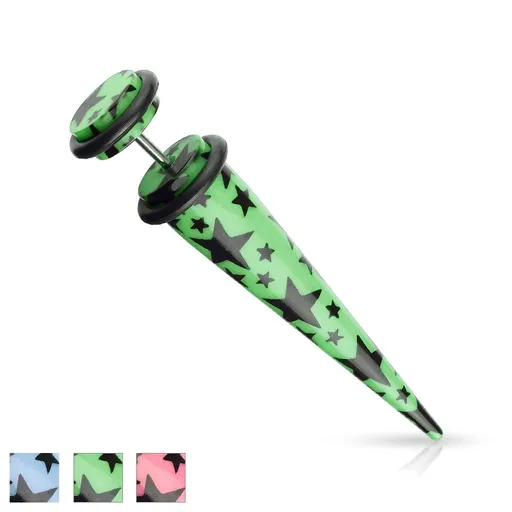 Akrylový fake taper s potiskem s černými hvězdičkami, černé gumičky - Barva piercing: Modrá