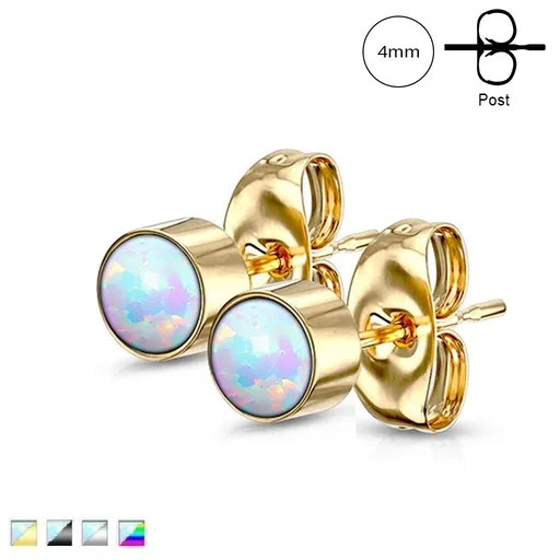 Náušnice z oceli 316L - syntetický opál duhové barvy v objímce, puzetové zapínání, 4 mm - Barva: Stříbrná