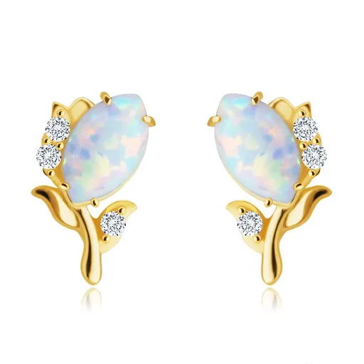 Diamantové náušnice ze 14K žlutého zlata - květ s bílým syntetickým opálem, brilianty