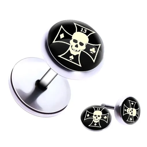 Falešný piercing do ucha z oceli - lebka, maltézský kříž, symboly