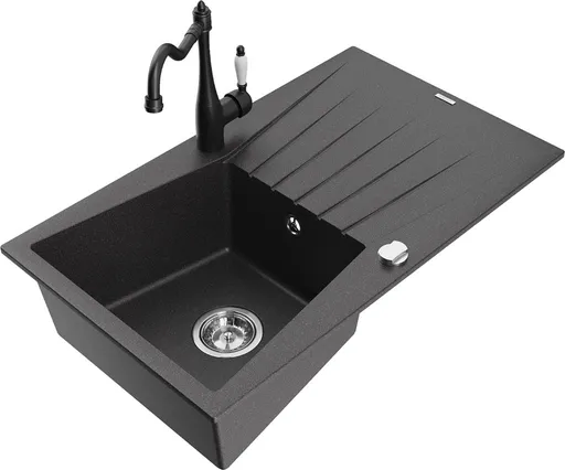 MEXEN/S Cesar granitový dřez 1-miska s odkapávačem včetně baterie Carla, černá kropenatá 6514-76-670700-70