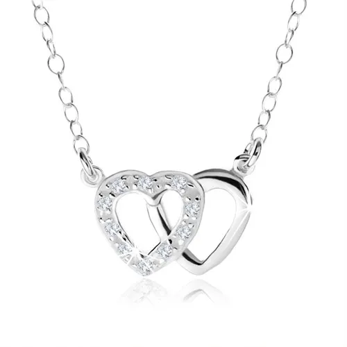 Náhrdelník ze stříbra 925, dvě kontury překrývajících se srdcí, zirkony