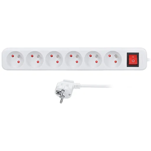Solight prodlužovací přívod 5m, 6 zásuvek, vypínač, 16A/3680W, PVC, bílý PP73X