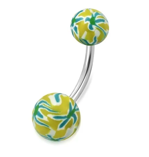 Piercing do bříška, chirurgická ocel a FIMO - kuličky žluté barvy s barevnými květy