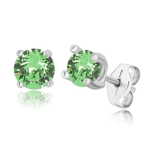 Stříbrné 925 náušnice - kulatý zirkon světle zelené barvy ve čtvercovém kotlíku