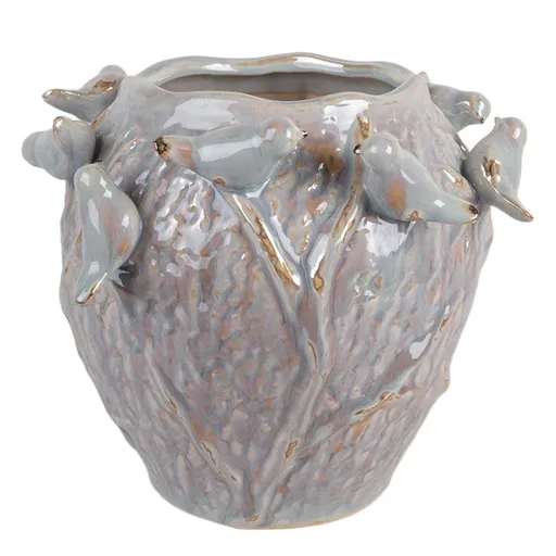 Modrý terakotový obal na květináč zdobený ptáčky - Ø 25*20 cm Clayre & Eef