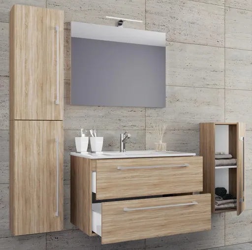 VCM 5dílná umyvadlová skříňka Badinos 2 zásuvky 80 cm se zrcadlem a střední/vysokou skříňkou, dub Sonoma